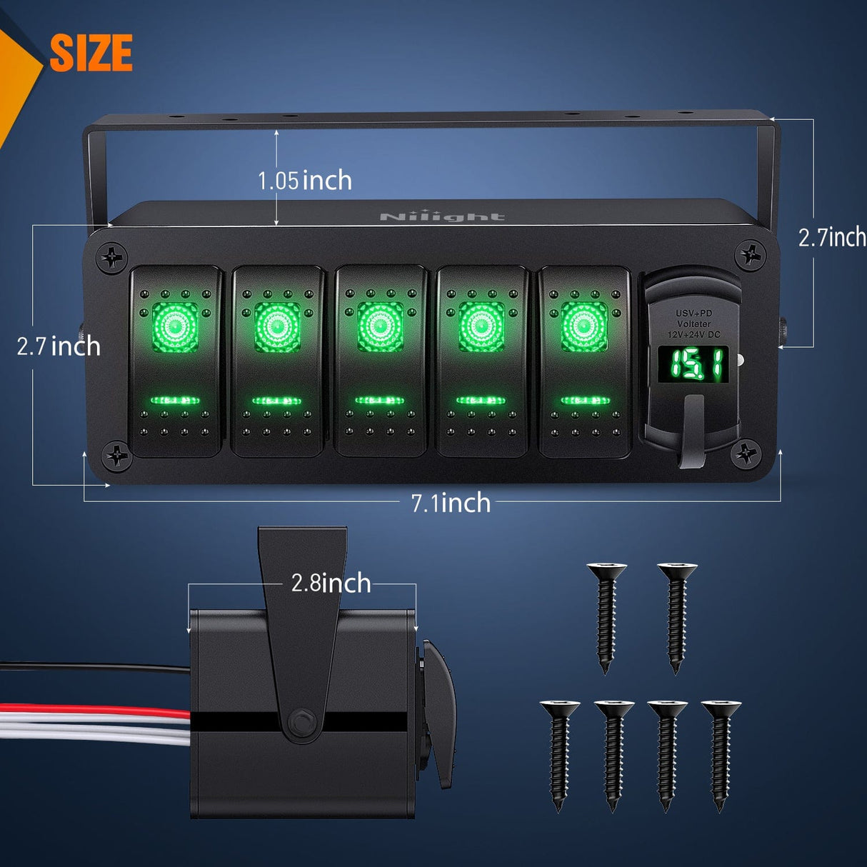 Rocker Switch 5Gang Aluminum ON/Off Rocker Switch Box w/ QC 3.0 Dual USB Charger Voltmeter