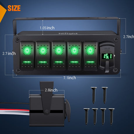 Rocker Switch 5Gang Aluminum ON/Off Rocker Switch Box w/ QC 3.0 Dual USB Charger Voltmeter