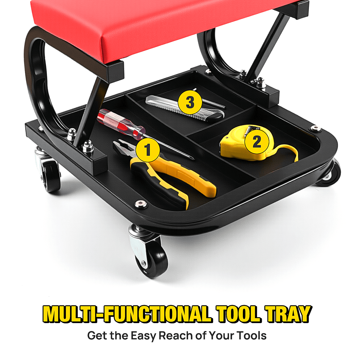 Creeper Seat 260 LBS Capacity Red Rolling Mechanic Padded Seat with Tool Tray Storage