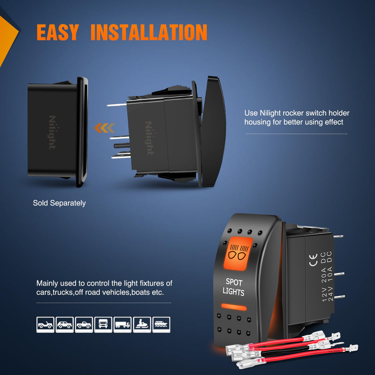 Nilight UTV Spot Lights Rocker Switch On Off 5 PIN SPST LED Light Bar Switches with Orange Backlit 12V 24V Toggle with Jumper Wires Set for ATVs UTVs Cars Trucks RVs