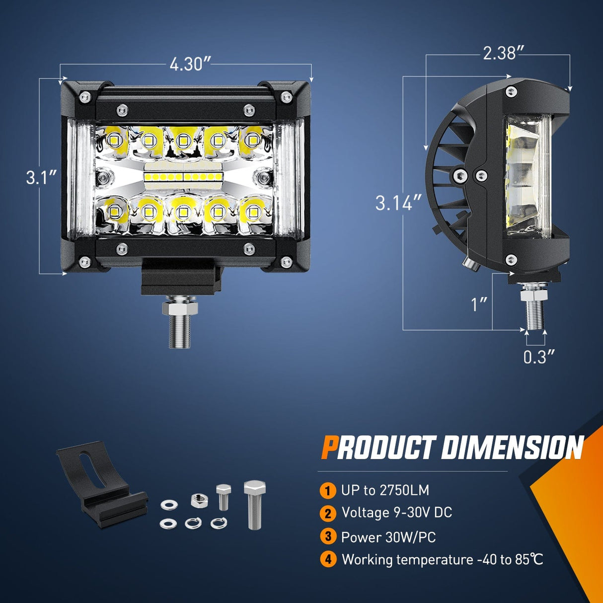 Light Bar Side Shooter Light Bar 4.3 Inch Triple Row Spot Flood Combo for Off Road Fog Driving Work Lighting on Truck SUV ATV UTV