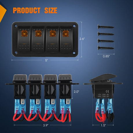 Rocker Switch 4Gang Aluminum 5Pin ON/Off Rocker Switch Panel Orange