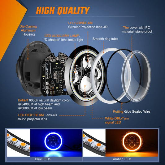 LED Headlight 7 Inch Round LED Halo Headlights w/Turn Signal Amber Light Blue DRL High Low Beam 7Inch Headlight Compatible with 2007 2008 2009 2010 2011 2012 2013 2014 2015 2016 2017 2018 Wrangler JK JKU