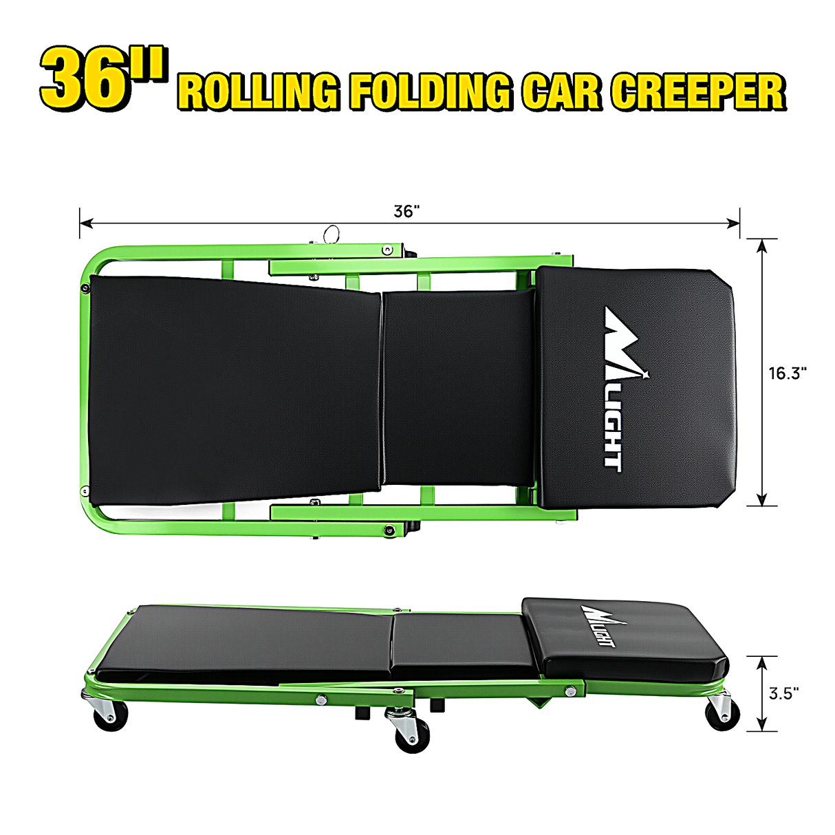 Creeper Seat 36Inch Z Creeper - 2-in-1 Rolling Folding Car Seat, 36 inches Adjustable Roller Garage Chair Lay Down or Sit, 330LBS Capacity, Green Black