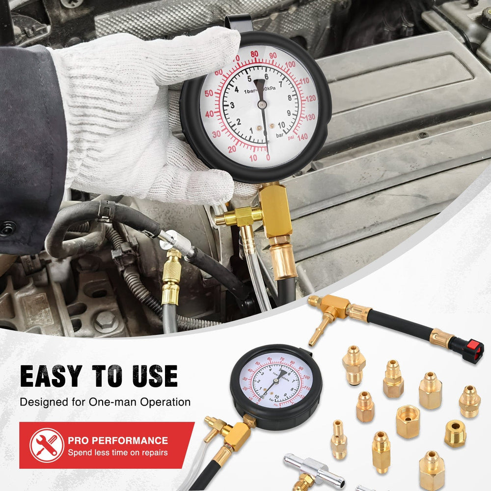 inflator 52 pcs 0-140 PSI Fuel Pressure Gauge with 9.49,7.89,6.30 Fuel Line Fittings Master Fuel Pressure Tester Kit