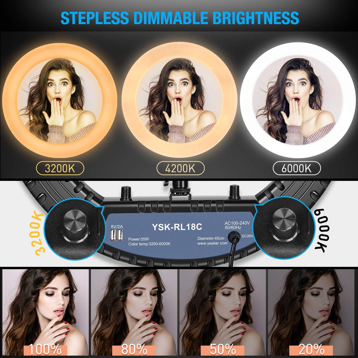 Ring Light 18 inch with Tripod Stand Ringlight Kit Dimmable 6000K/3200K Circle Lighting Phone Holder Bluetooth Remote Carry Bag for Zoom TikTok Makeup Video Photography Blogging Portrait
