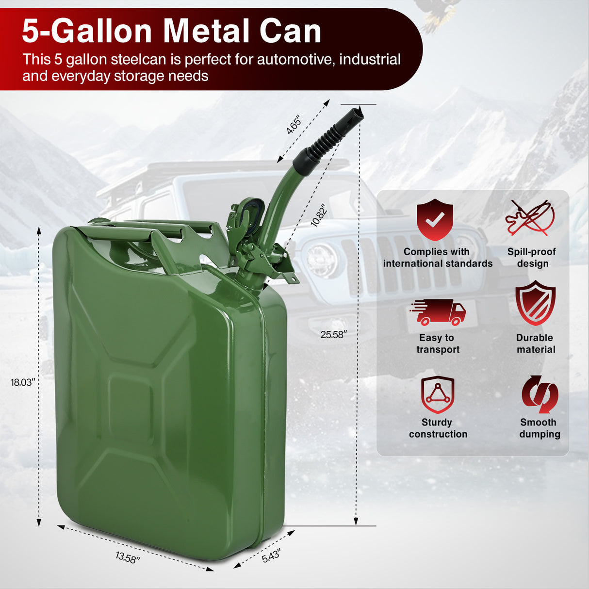Gas Can Metal Gas Can 5 Gallon with Spout System and Handle, 20 Litre Metal Container for Gasoline Trucks Cars ATV Motorcycle Equipment, No Spill Steel Safety Gas Fuel Cans Green, 1 Pack