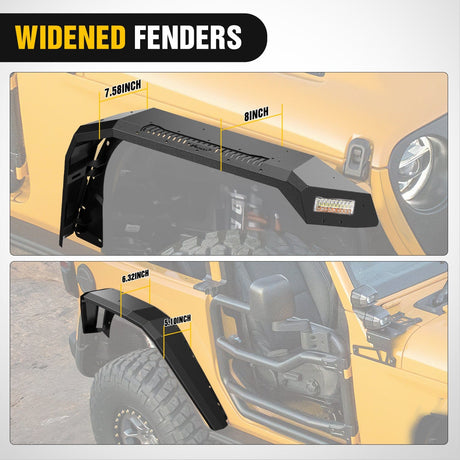 Fender 2018 2019 2020 2021 2022 2023 2024 2025 Jeep Wrangler JL&JL Unlimited 2/4Doors Wide Flat Front & Rear Fender Flares w/LED Lights Turn Signal Lights DRL (No fit 2020+ Gladiator JT)