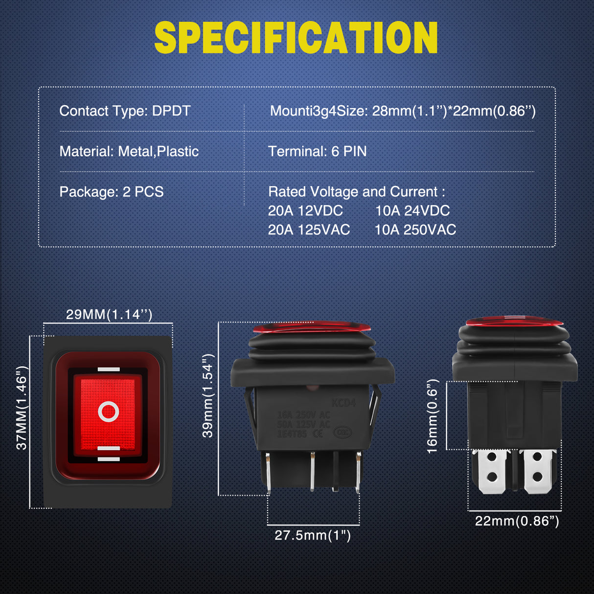 Nilight 6Pin On Off On Rocker Switch 2PCS Red LED Lighted IP67 Waterproof DPDT 3 Position Latching 20A 12VDC 125VAC Motor Toggle for Car Boat Automotive Vehicles