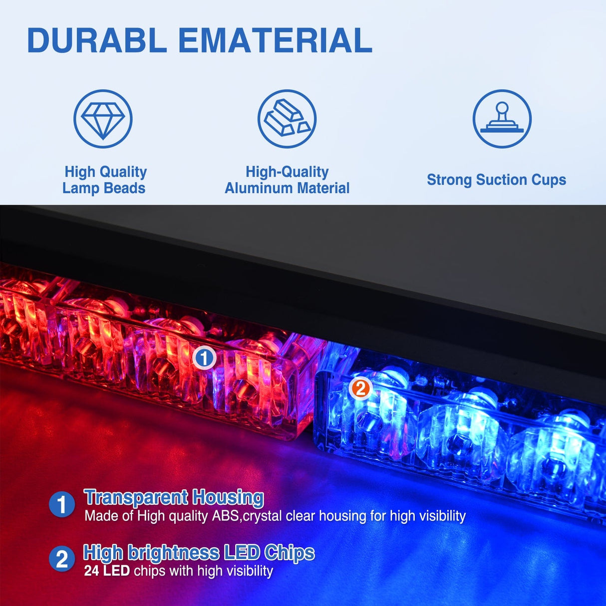 Led Strobe Light 24LED Emergency Strobe Traffic Advisor Light Bar 2 in 1 Red Blue Dash Warning Safety Flashing Lights Front/Rear Windshield Construction Lights for Trucks Cars Plow Police Firefighter Vehicles