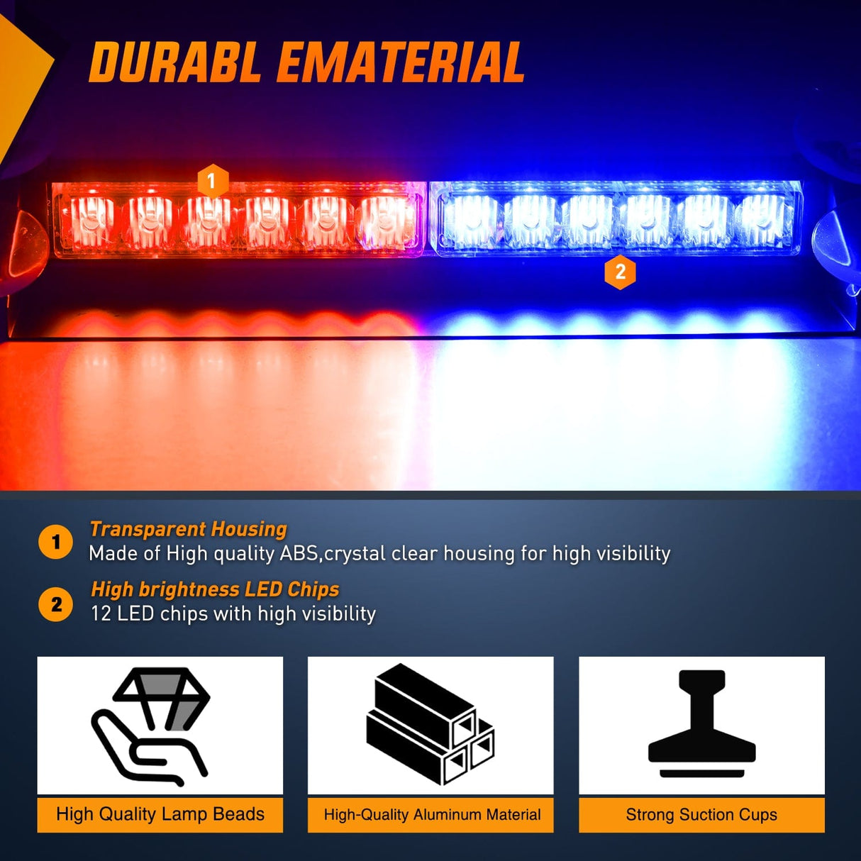 Led strobe light 12LED Traffic Advisor Strobe Light Bar Red Blue Emergency Warning Hazard Safety Dash Front/Rear Windshield Flashing Lights for Cars Trucks Police Firefighter Plow Construction Vehicles