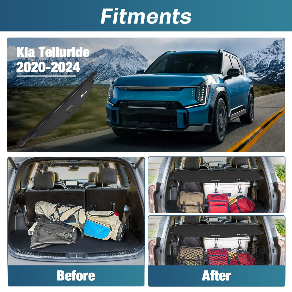 Trunk Cargo Cover 2020 2021 2022 2023 2024 2025 Kia Telluride Retractable Trunk Cargo Cover With Trunk Storage Net