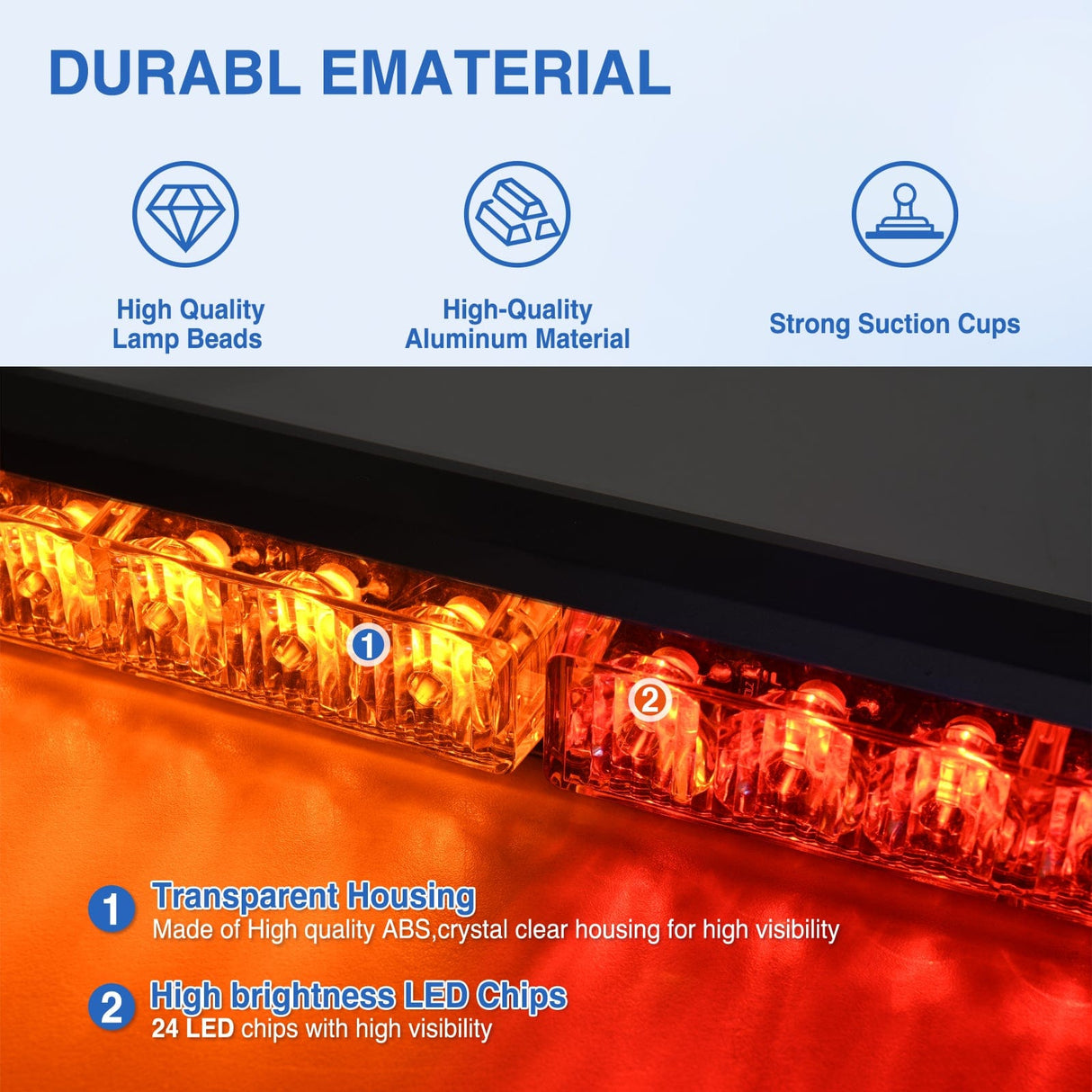 Led Strobe Light 24LED Emergency Strobe Traffic Advisor Light Bar 2 in 1 Amber Red Dash Warning Safety Flashing Lights Front/Rear Windshield Construction Lights for Trucks Cars Plow Police Firefighter Vehicles