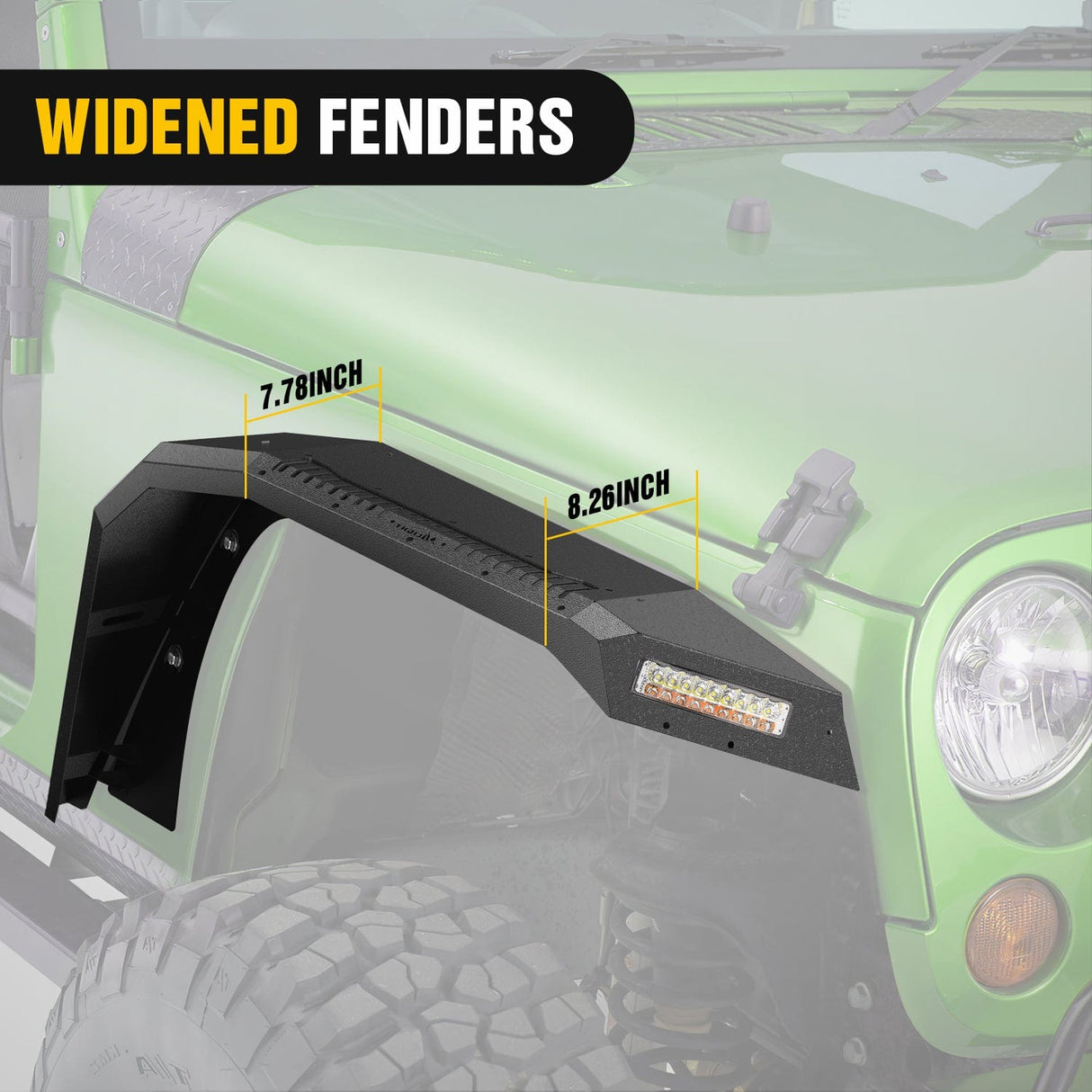 Fender 2007 2008 2009 2010 2011 2012 2013 2014 2015 2016 2017 2018 Jeep Wrangler JK 2/4 Door Wide Flat Front Fender Flares w/LED Lights Turn Signal Lights DRL