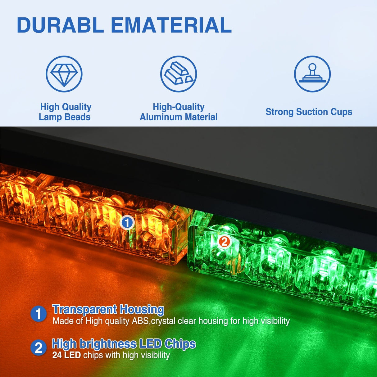 Led Strobe Light 24LED Emergency Strobe Traffic Advisor Light Bar 2 in 1 Amber Green Dash Warning Safety Flashing Lights Front/Rear Windshield Construction Lights for Trucks Cars Plow Police Vehicles
