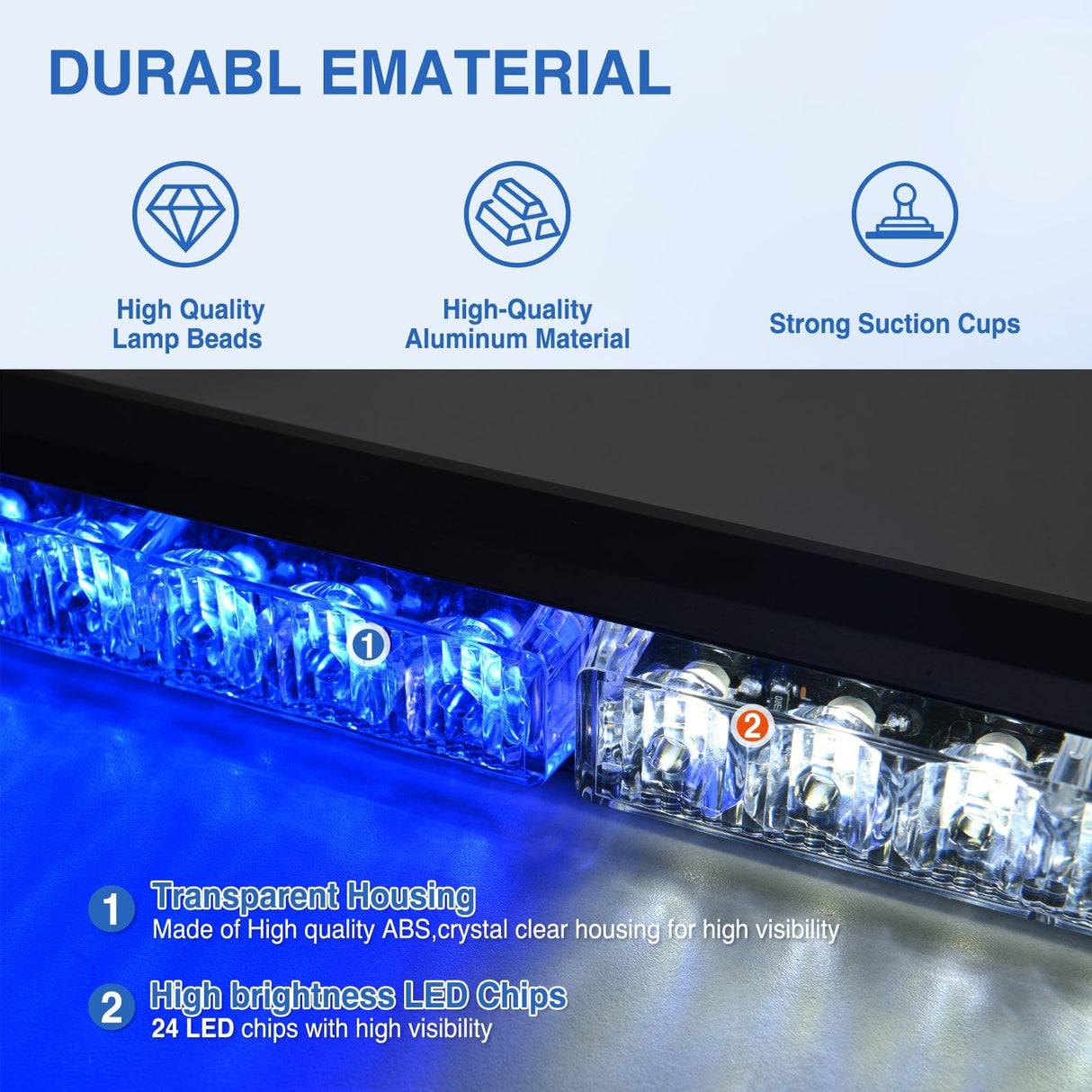Led Strobe Light 24LED Emergency Strobe Traffic Advisor Light Bar 2 in 1 Blue White Dash Warning Safety Flashing Lights Front/Rear Windshield Construction Lights for Trucks Cars Plow Police Vehicles