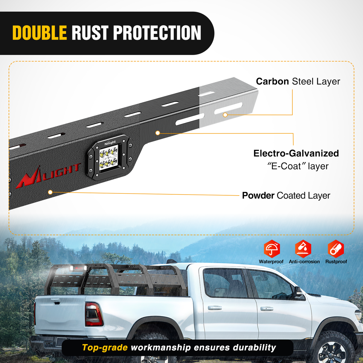 Nilight Truck Bed Cargo Rack Compatible with 2002-2024 Dodge Ram 1500 2014-2024 Chevy Silverado 1500 2009-2024 Ford F150 2007-2013 Toyota Tundra Overland Extender with 2Pcs LED Light Pods