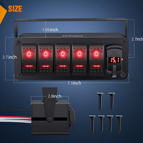 Rocker Switch 5Gang Aluminum ON/Off Rocker Switch Box w/ QC 3.0 Dual USB Charger Voltmeter with Red Backlit