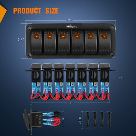 Rocker Switch 6Gang Aluminum 5Pin ON/Off Rocker Switch Panel Orange