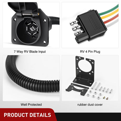 Accessories 4 Way Flat to 7 Way RV and 4 Way Trailer Wiring Harness Adapter w