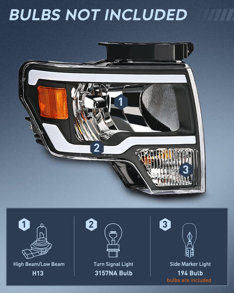 Headlight Assembly 2009 2010 2011 2012 2013 2014 Ford F150 Headlight Assembly Black Case Amber Reflector Clear Lens