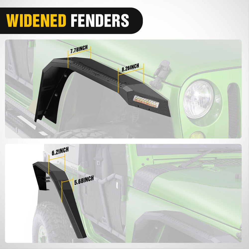 Fender 2007 2008 2009 2010 2011 2012 2013 2014 2015 2016 2017 2018 Jeep Wrangler JK 2 Door Wide Flat Front & Rear Fender Flares w/LED Lights Turn Signal Lights DRL