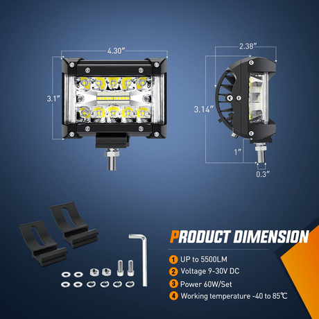 Light Bar Wiring Kit Side Shooter LED Light Bar 2PCS 4.3 Inch Triple Row Spot Flood Combo Lights Work Lighting with 5Pin Rocker Switch Wiring Harness Kit for Off Road Light on Truck SUV ATV UTV
