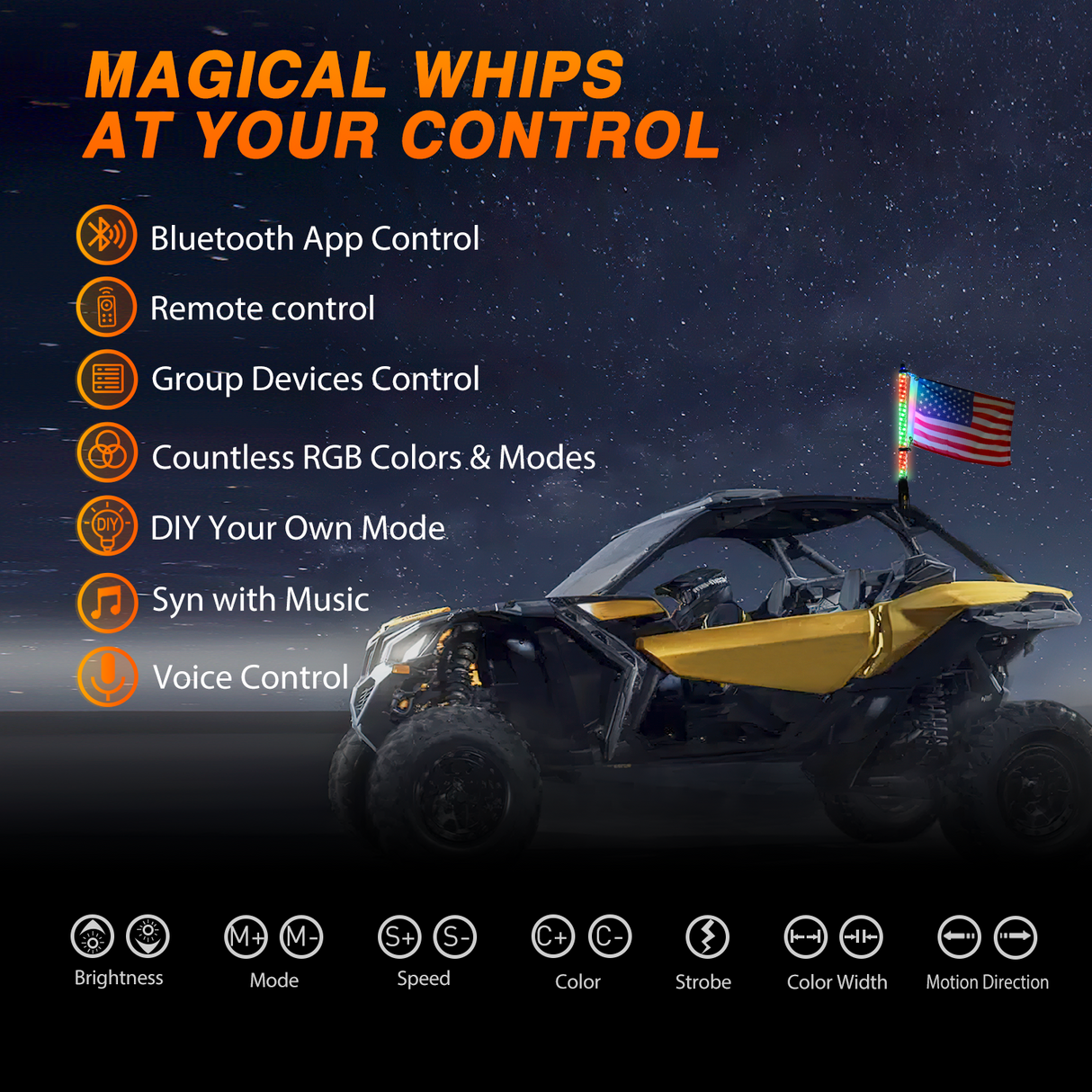 RGB Whip Light 1PC 2FT Lighted Antenna Whips with Remote & App Control DIY Chasing Patterns Brake Reverse Lights for ATV UTV Polaris RZR Can-am Dune Buggy Pickup Trucks Jeep