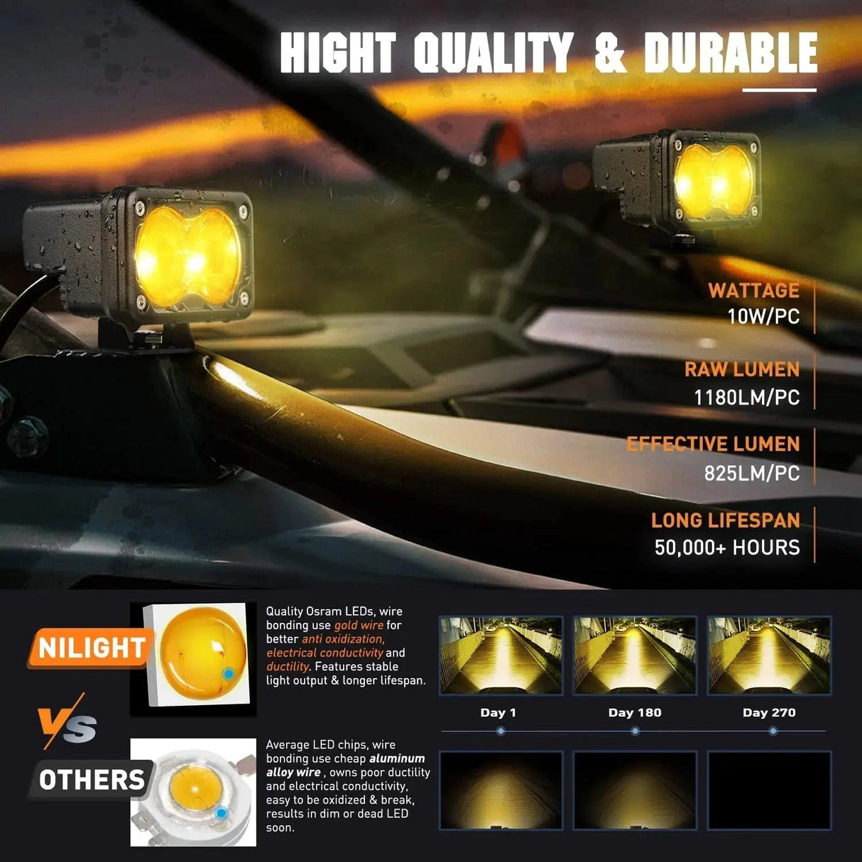 LED Work Light 3 Inch 10W 2360LM Amber Spot Built-in EMC LED Work Lights (Pair)