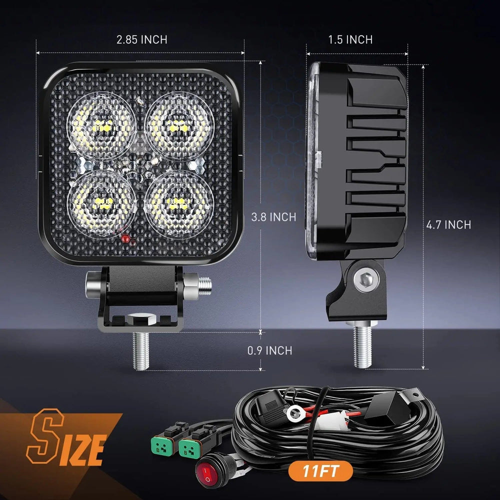LED Work Light 3 Inch 12W 1500LM Square Flood Built-in EMC LED Work Lights (Pair) | 16AWG DT Wire