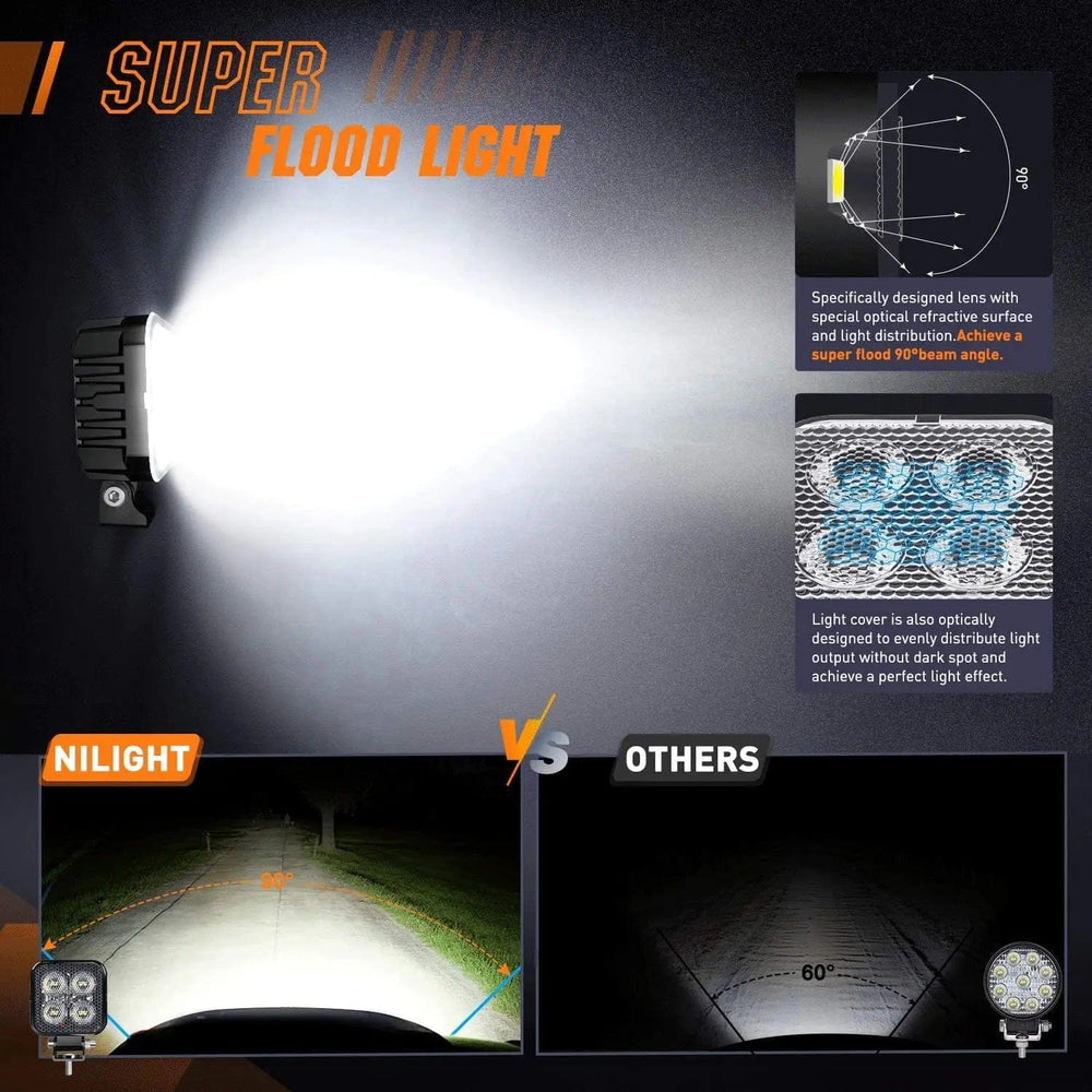 LED Work Light 3 Inch 12W 1500LM Square Flood Built-in EMC LED Work Lights (Pair) | 16AWG DT Wire