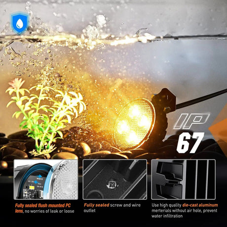 LED Light Bar 3 Inch 12W 2940LM Amber Round Flood Built-in EMC LED Work Lights (Pair)