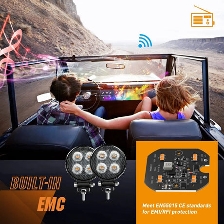 LED Light Bar 3 Inch 12W 2940LM Amber Round Flood Built-in EMC LED Work Lights (Pair)