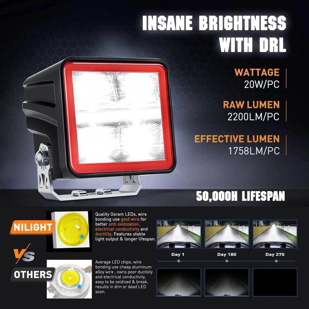 Motor Vehicle Lighting 3 Inch 20W 2200LM DRL Spot Cube LED Pods (Pair) | 16AWG DT Wire