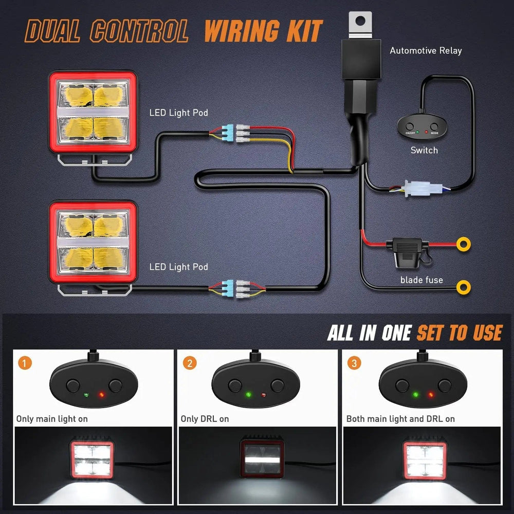 Motor Vehicle Lighting 3 Inch 20W 2200LM DRL Spot Cube LED Pods (Pair) | 16AWG DT Wire