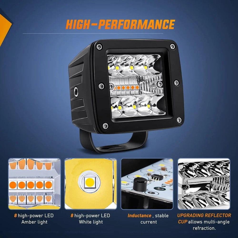 Motor Vehicle Lighting 3 Inch 42W Amber White Cube Spot Flood LED Pods (Pair) | 16AWG DT Wire