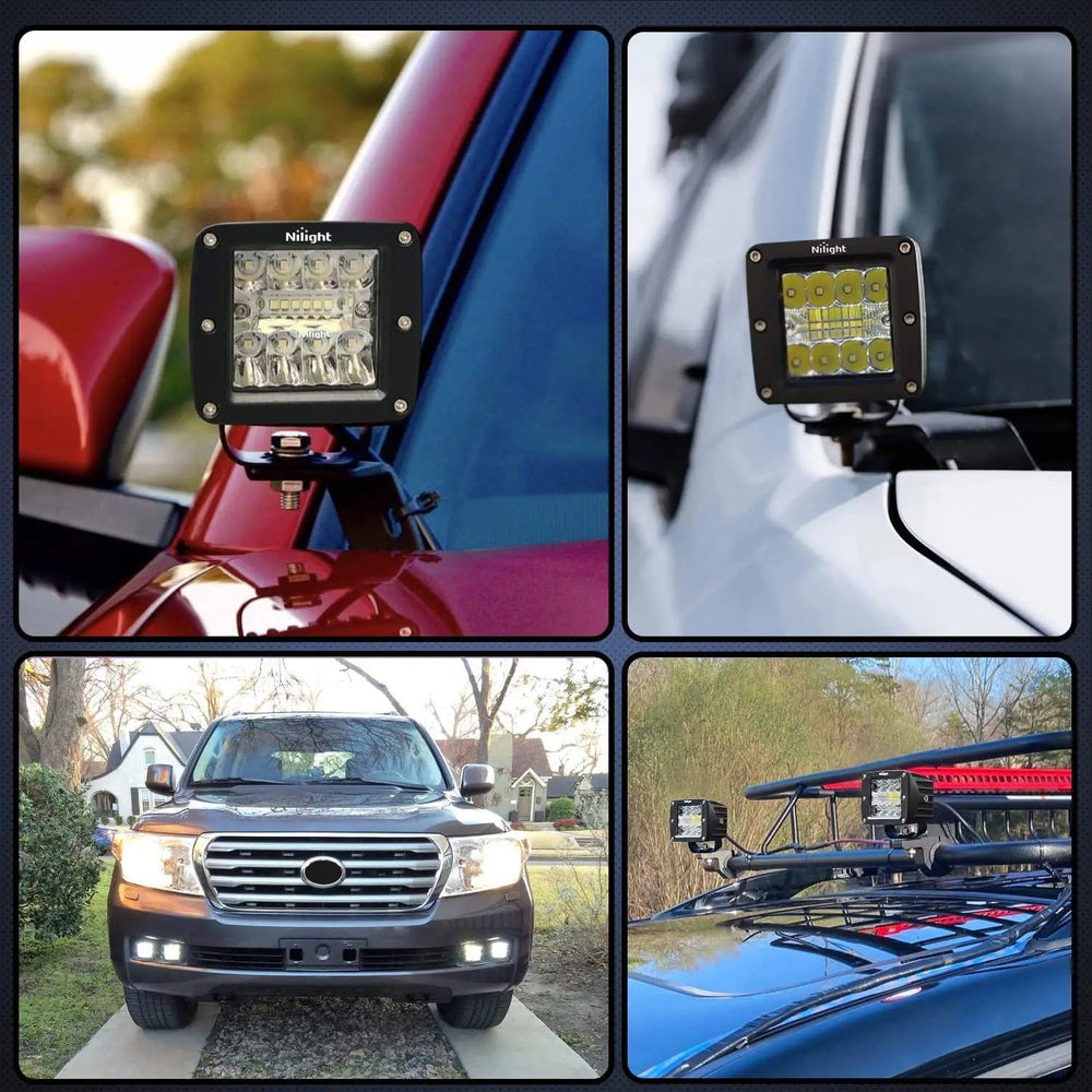 Motor Vehicle Lighting 3 Inch 42W Triple Row Cube Spot Flood LED Pods (2 Pairs) | 10FT Wire 3Pin Switch