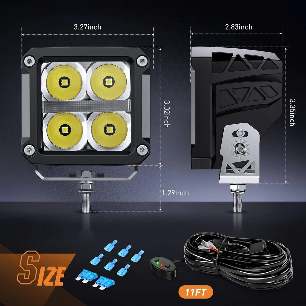 LED Work Light 3.2 Inch 20W 2510LM Square Spot DRL Led Pods (Pair) | 16AWG DT Wire