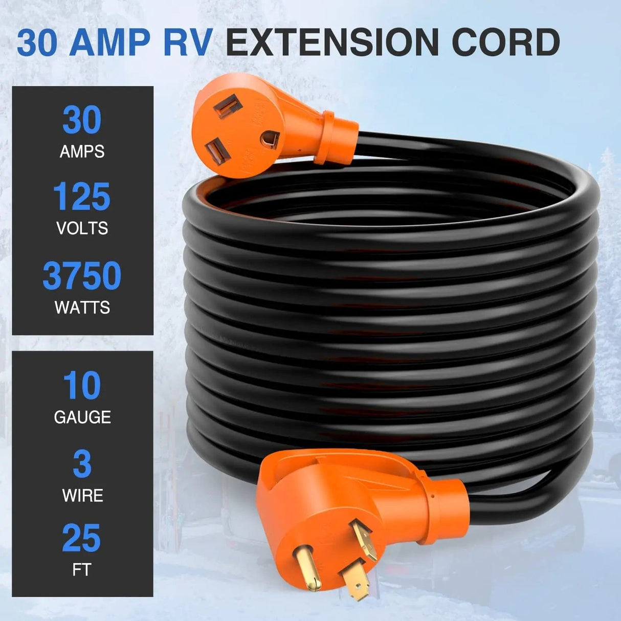 RV Parts 30 Amp 25FT RV Extension Cord 125V Heavy Duty 10 Gauge Pure Copper STW Wire UL ETL Listed 3 Prong TT-30P TT-30R 30F/30M Weatherproof Suit for Camper Caravan Trailer