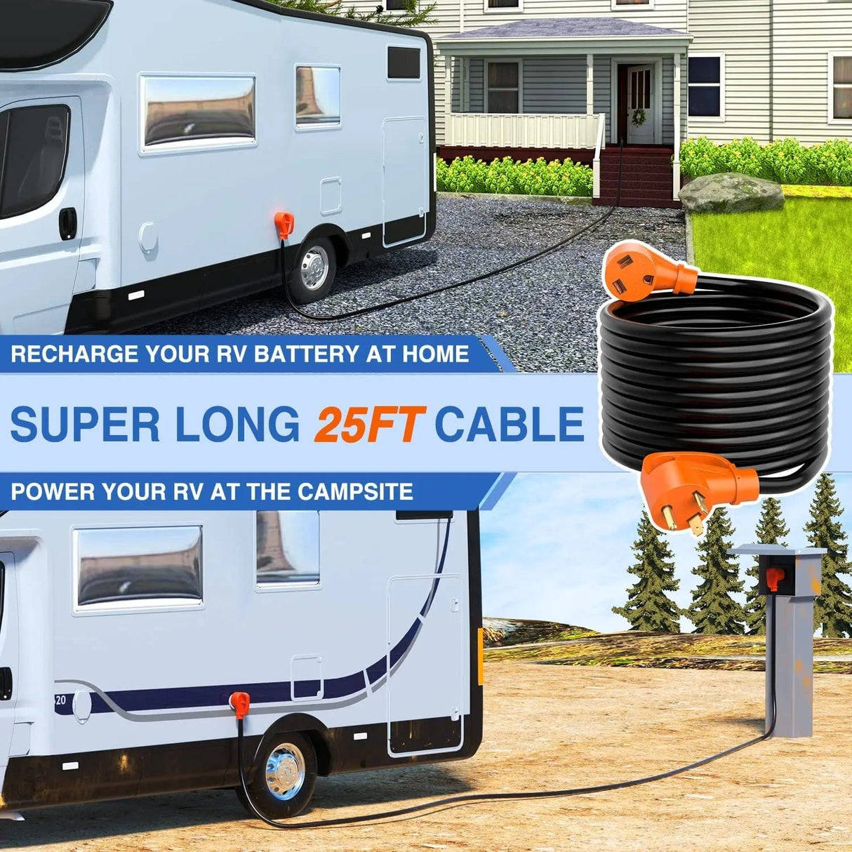 RV Parts 30 Amp 25FT RV Extension Cord 125V Heavy Duty 10 Gauge Pure Copper STW Wire UL ETL Listed 3 Prong TT-30P TT-30R 30F/30M Weatherproof Suit for Camper Caravan Trailer