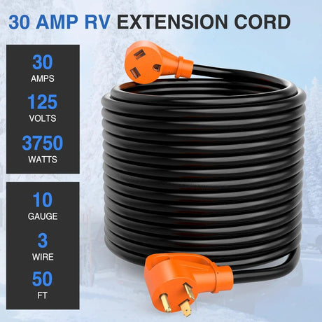 RV Parts 30 Amp 50FT RV Extension Cord 125V Heavy Duty 10 Gauge Pure Copper STW Wire UL ETL Listed 3 Prong TT-30P TT-30R 30F/30M Weatherproof Suit for Camper Caravan Trailer