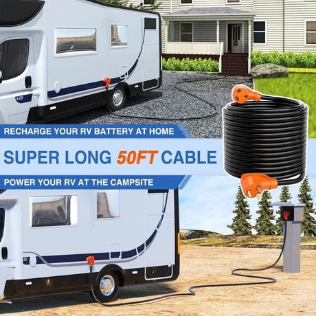 RV Parts 30 Amp 50FT RV Extension Cord 125V Heavy Duty 10 Gauge Pure Copper STW Wire UL ETL Listed 3 Prong TT-30P TT-30R 30F/30M Weatherproof Suit for Camper Caravan Trailer