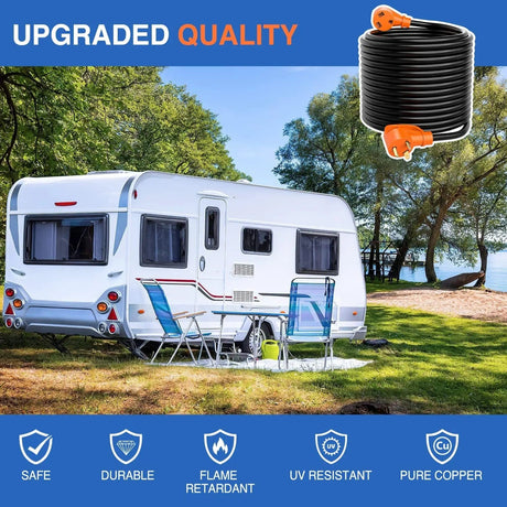 RV Parts 30 Amp 50FT RV Extension Cord 125V Heavy Duty 10 Gauge Pure Copper STW Wire UL ETL Listed 3 Prong TT-30P TT-30R 30F/30M Weatherproof Suit for Camper Caravan Trailer