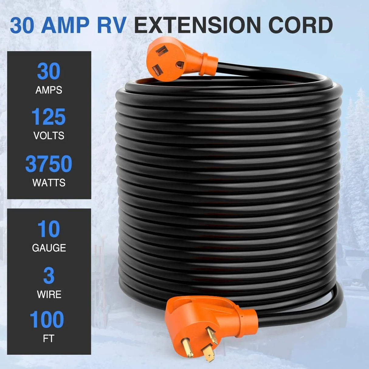 RV Parts 30 Amp 100FT RV Extension Cord 125V Heavy Duty 10 Gauge Pure Copper STW Wire UL ETL Listed 3 Prong TT-30P TT-30R 30F/30M Weatherproof Suit for Camper Caravan Trailer