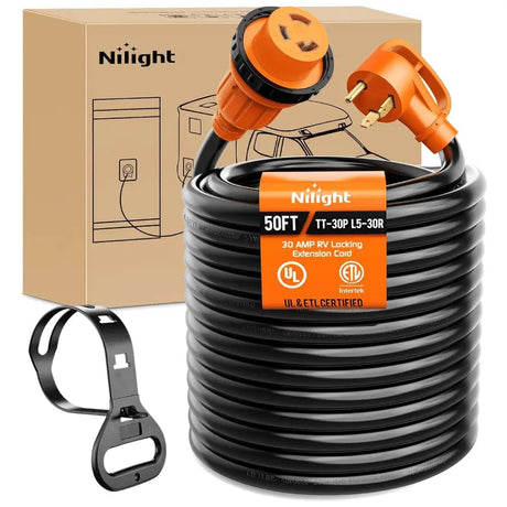 RV Parts 30 Amp 50FT RV Locking Extension Cord 125V Heavy Duty 10 Gauge Pure Copper STW Wire ETL Listed 3 Prong TT-30P L5-30R 30F/30M Weatherproof Suit for Camper Trailer