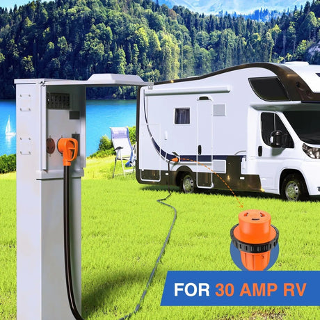 RV Parts 30 Amp 50FT RV Locking Extension Cord 125V Heavy Duty 10 Gauge Pure Copper STW Wire ETL Listed 3 Prong TT-30P L5-30R 30F/30M Weatherproof Suit for Camper Trailer