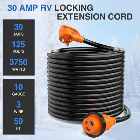 RV Parts 30 Amp 50FT RV Locking Extension Cord 125V Heavy Duty 10 Gauge Pure Copper STW Wire ETL Listed 3 Prong TT-30P L5-30R 30F/30M Weatherproof Suit for Camper Trailer