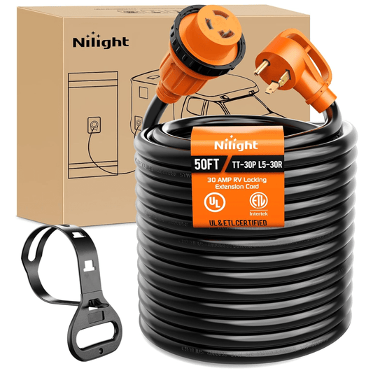 RV Parts 30AMP 50FT RV Extension Cord 125V Heavy Duty 10 Gauge Pure Copper STW Wire ETL Listed 3 Prong TT-30P L5-30R 30F/30M Weatherproof Cord Suit