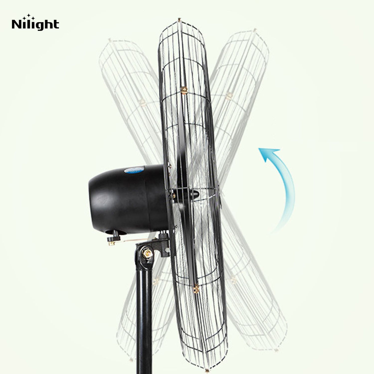 Industrial electric oscillating fans for automatic cleaning of ceilings, light fixtures, ducts and other overhead structures exposed to fibrous airborne contaminants