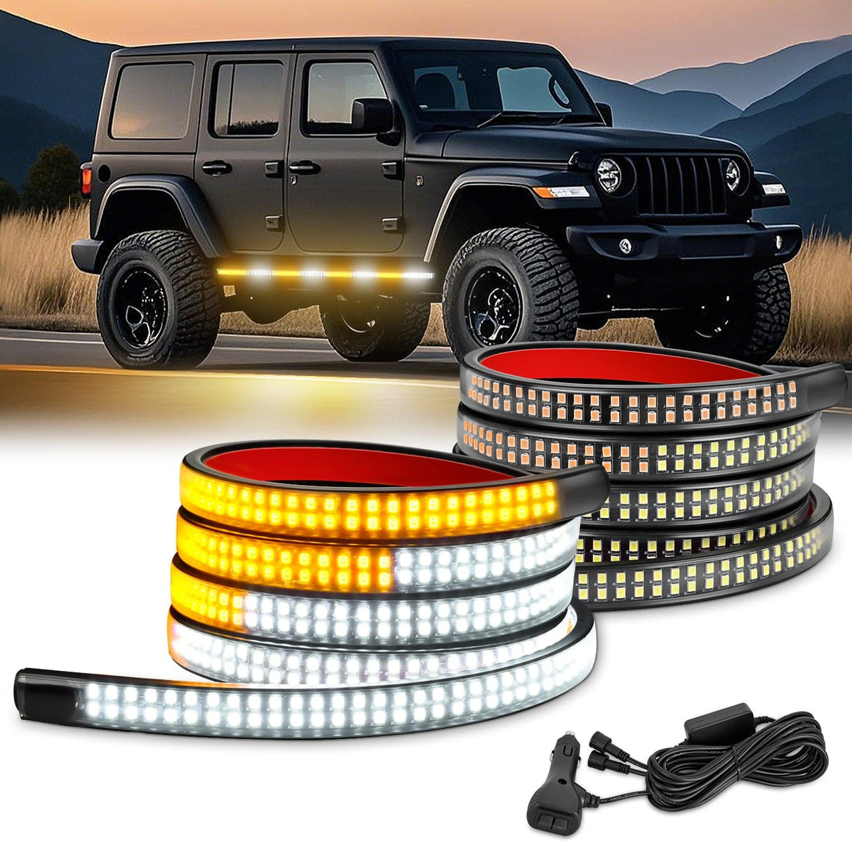 Led light Strip 2PCS 70 Inch Emergency Strobe Light Strip 1125 LED Running Board Lights Amber White Flexible Side Flashing Warning Caution Safety Waterproof for Truck Construction Vehicles Pickup